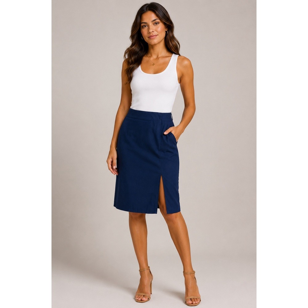 ModCloth Navy Pencil Skirt Knee Length Slit Front Silky Office Wear Large
